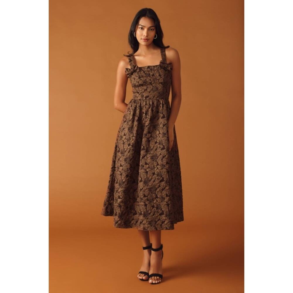 Flying Tomato Brown Size Small Textured Floral Bow Straps Midi Dress